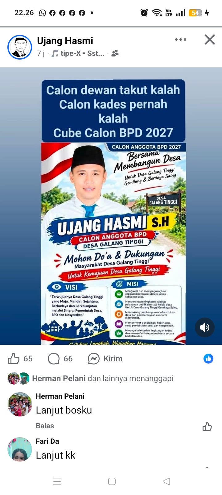 Ujang Hasmi maju calon BPD Desa Galang tinggi 2027 , tetap semangat
